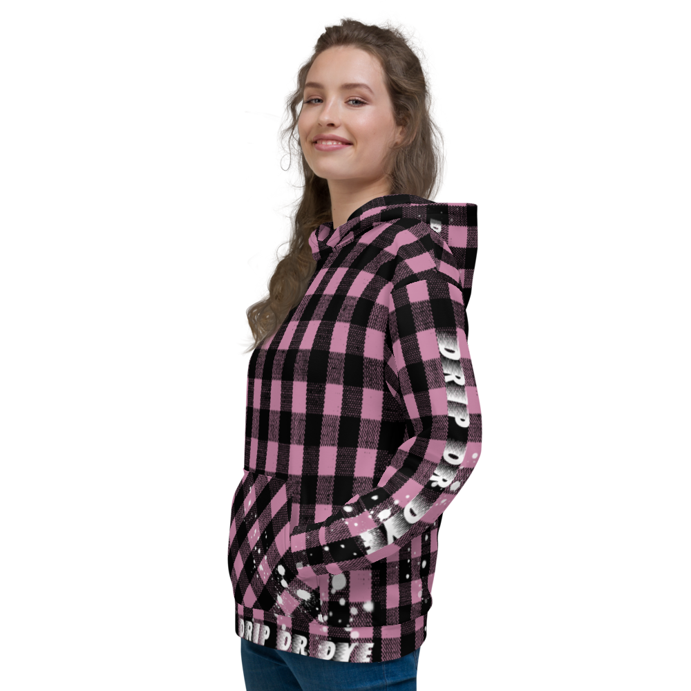 CRXWN | Drip or Dye | Plaid Season 1 Unisex Hoodie Custom Buffalo Plaid Retro Grunge Paint Splatter Digital Pink