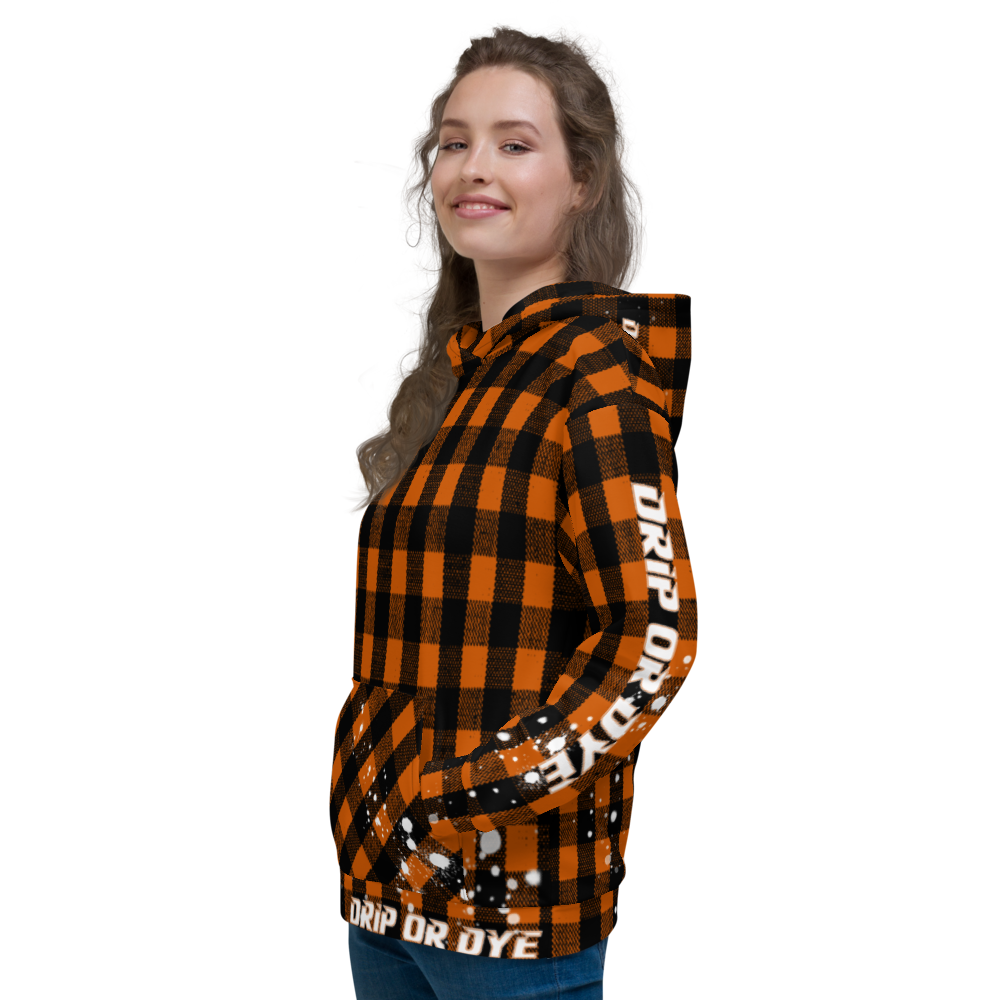 CRXWN | Drip or Dye | Plaid Season 1 Unisex Hoodie Custom Buffalo Plaid Retro Grunge Paint Splatter Sienna Orange Halloween