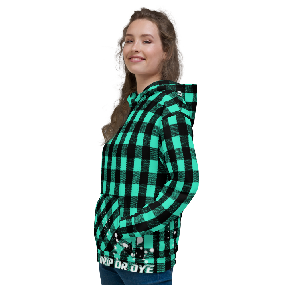 CRXWN | Drip or Dye | Plaid Season 1 Unisex Hoodie Custom Buffalo Plaid Retro Grunge Paint Splatter Seafoam Teal