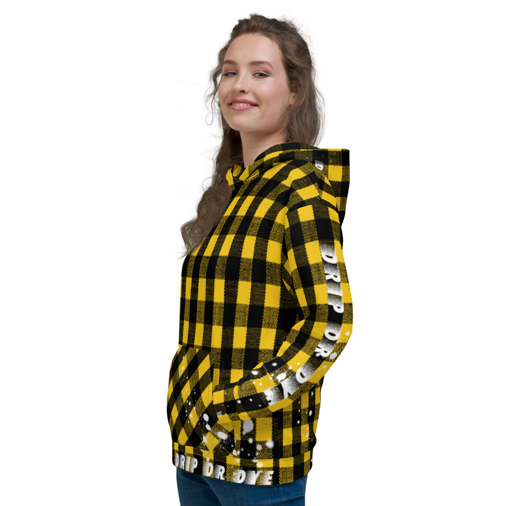 CRXWN | Drip or Dye | Plaid Season 1 Unisex Hoodie Custom Buffalo Plaid Retro Grunge Paint Splatter 12 Retro Black UNIVERSITY GOLD