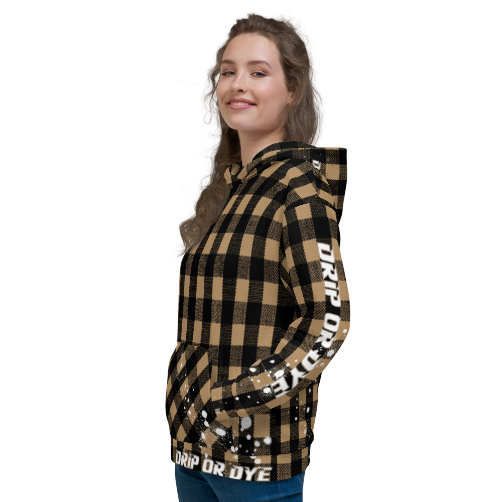 CRXWN | Drip or Dye | Plaid Season 1 Unisex Hoodie Custom Buffalo Plaid Retro Grunge Paint Splatter Tan Sands