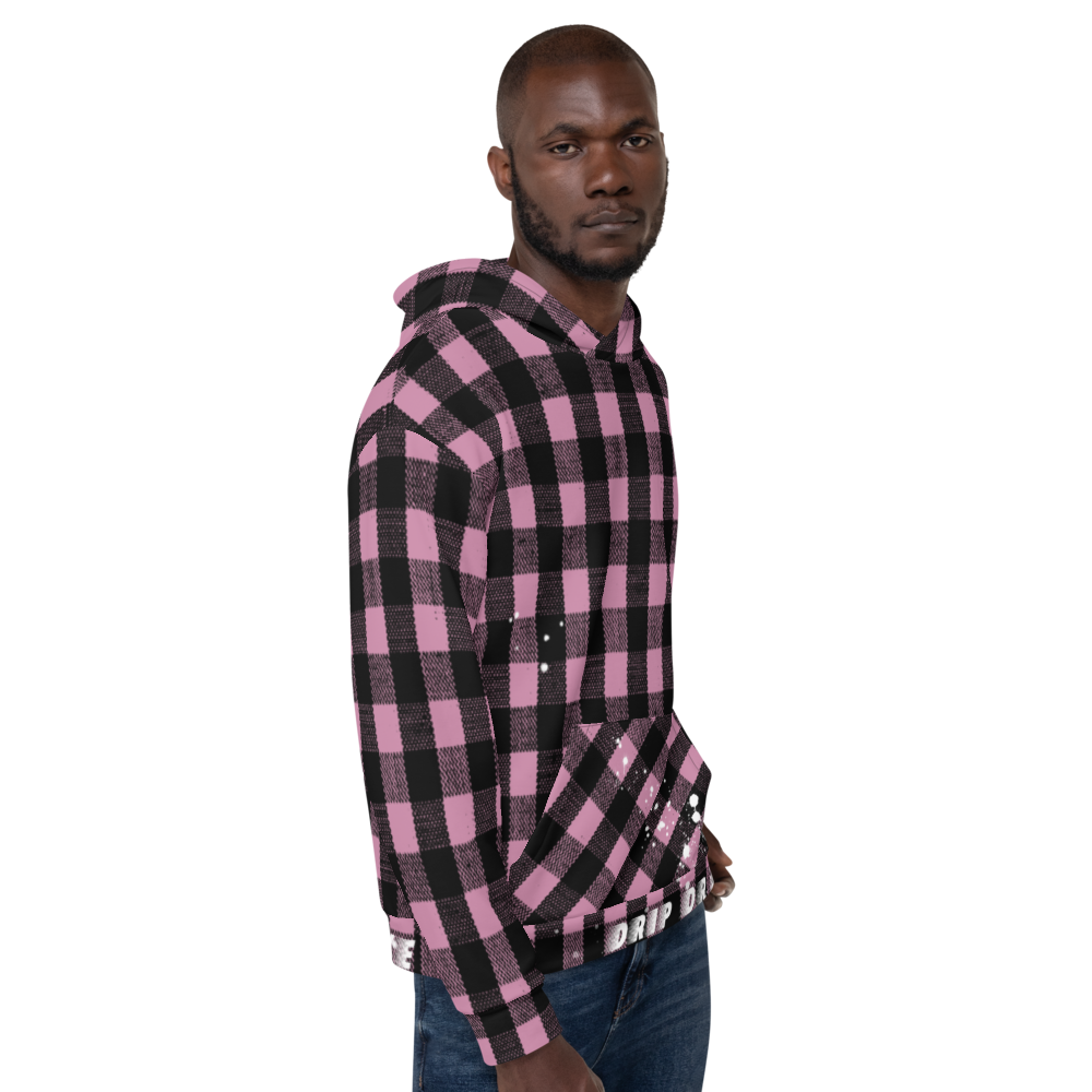 CRXWN | Drip or Dye | Plaid Season 1 Unisex Hoodie Custom Buffalo Plaid Retro Grunge Paint Splatter Digital Pink