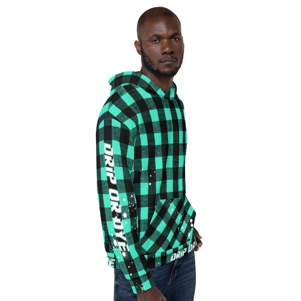CRXWN | Drip or Dye | Plaid Season 1 Unisex Hoodie Custom Buffalo Plaid Retro Grunge Paint Splatter Seafoam Teal