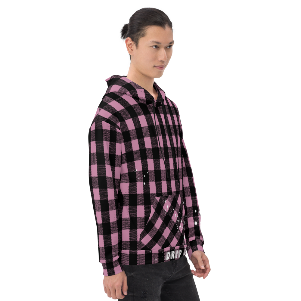 CRXWN | Drip or Dye | Plaid Season 1 Unisex Hoodie Custom Buffalo Plaid Retro Grunge Paint Splatter Digital Pink