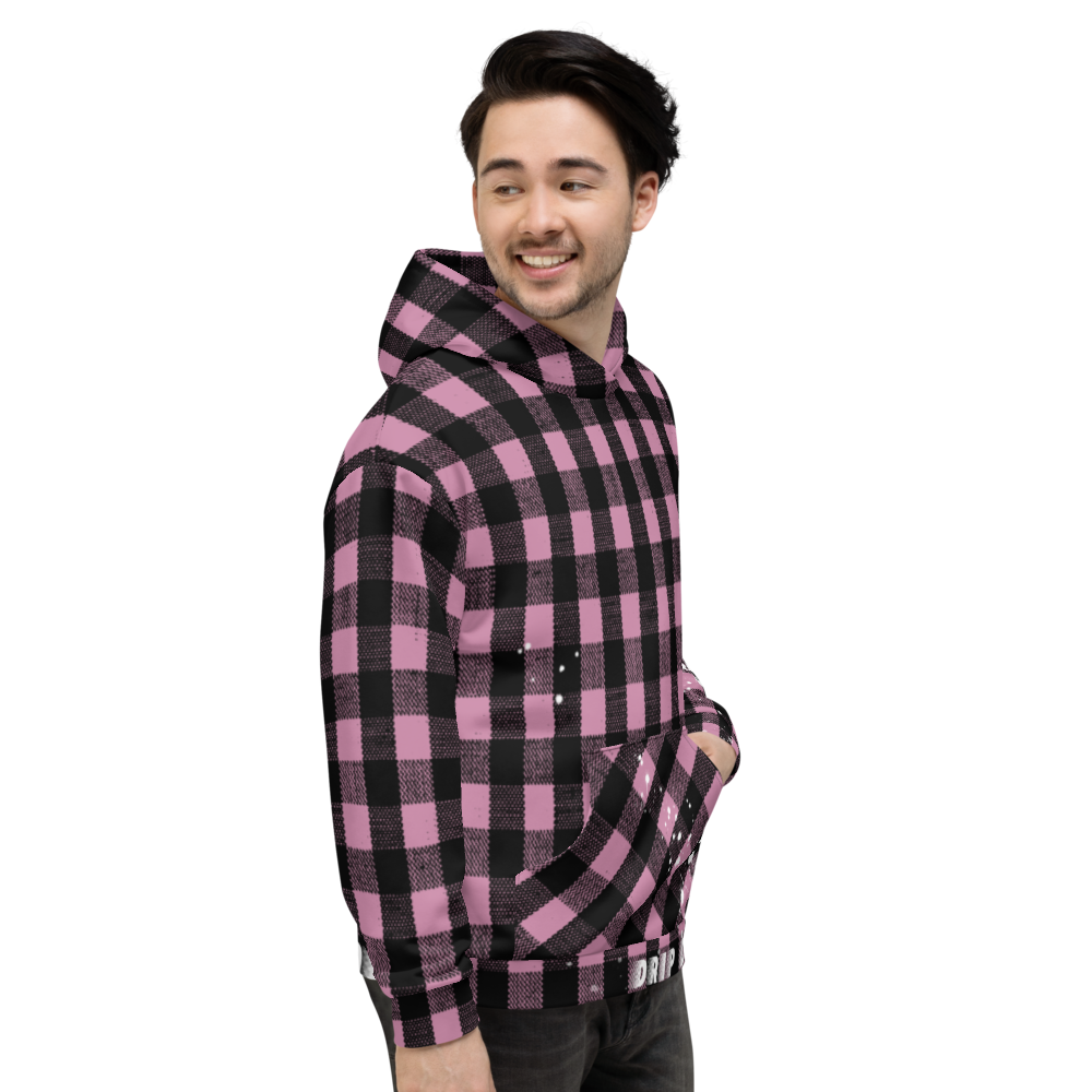 CRXWN | Drip or Dye | Plaid Season 1 Unisex Hoodie Custom Buffalo Plaid Retro Grunge Paint Splatter Digital Pink