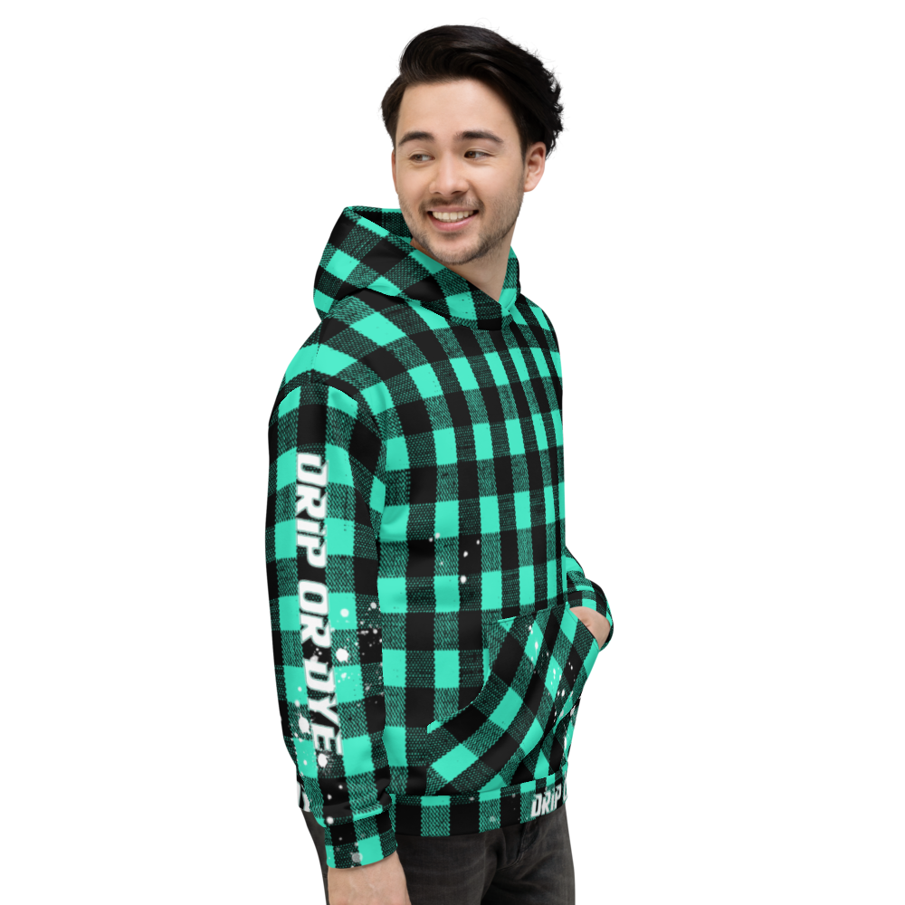 CRXWN | Drip or Dye | Plaid Season 1 Unisex Hoodie Custom Buffalo Plaid Retro Grunge Paint Splatter Seafoam Teal
