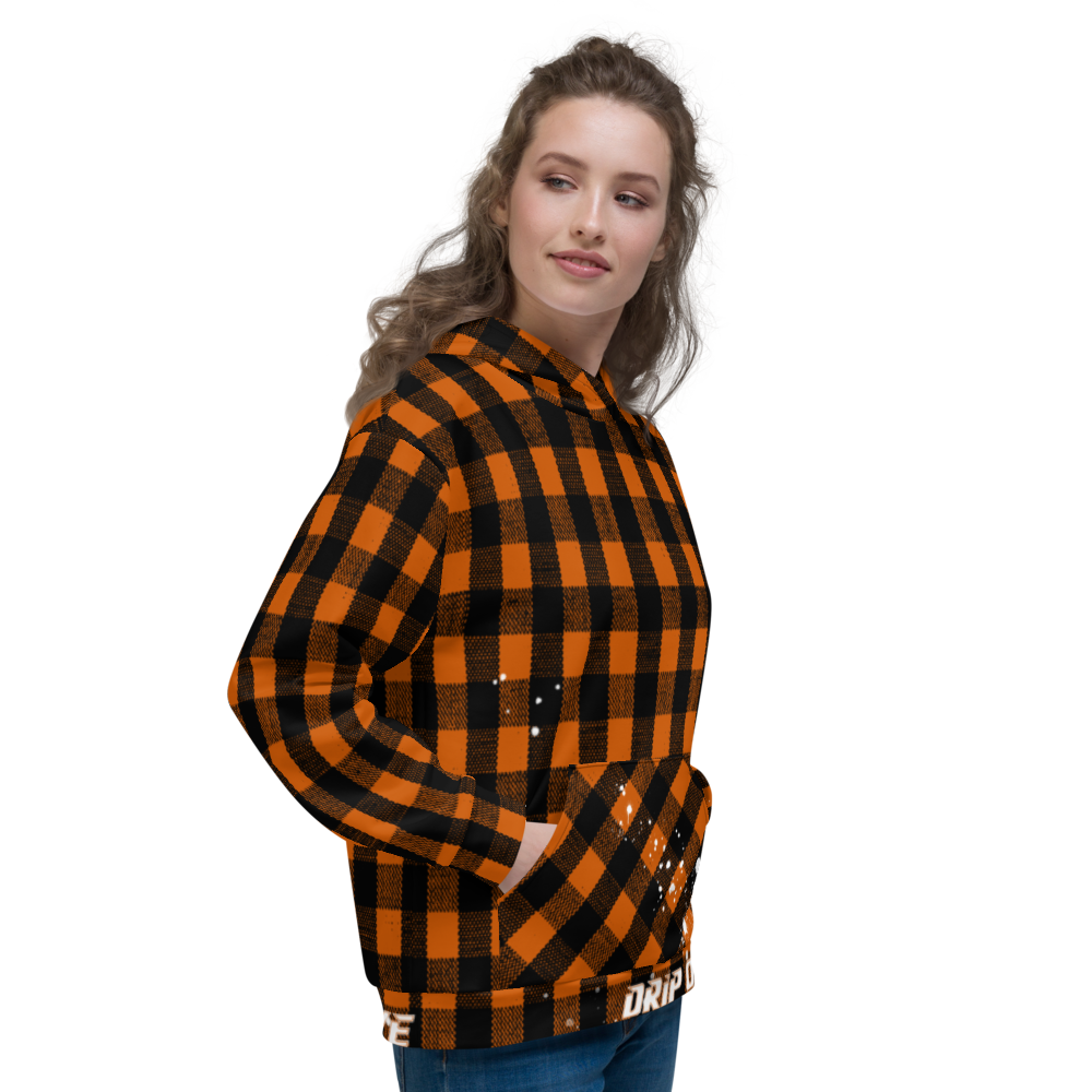 CRXWN | Drip or Dye | Plaid Season 1 Unisex Hoodie Custom Buffalo Plaid Retro Grunge Paint Splatter Sienna Orange Halloween