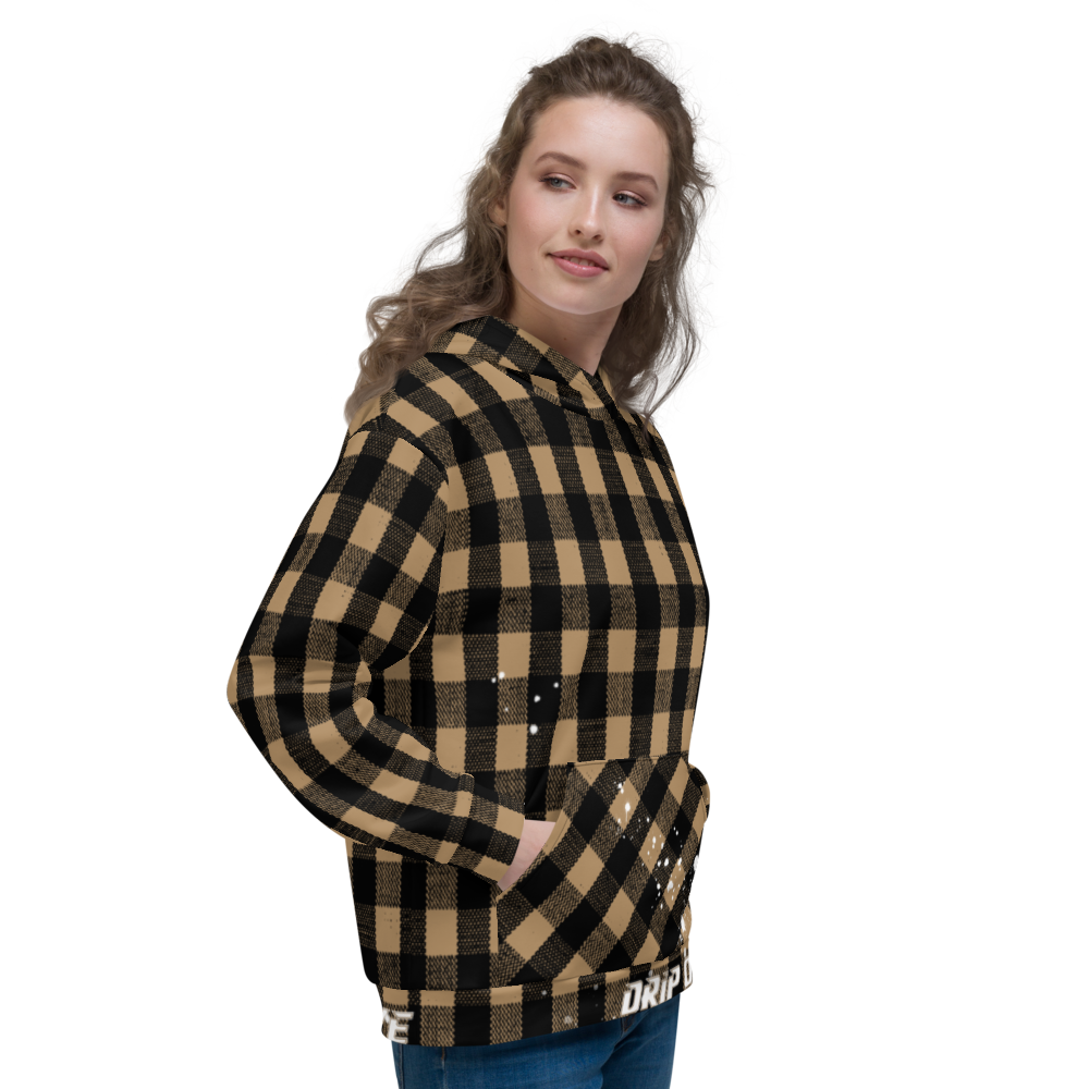 CRXWN | Drip or Dye | Plaid Season 1 Unisex Hoodie Custom Buffalo Plaid Retro Grunge Paint Splatter Tan Sands