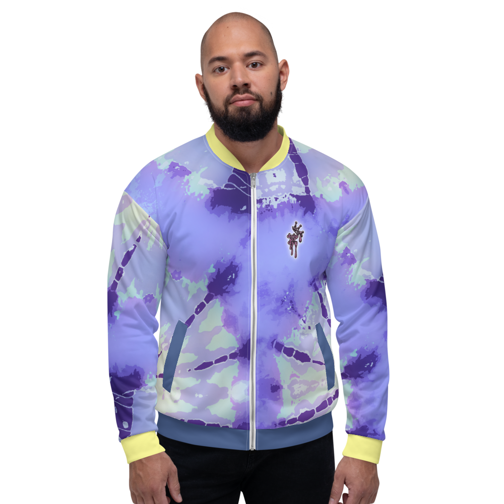 CRXWN | Drip or Dye Violet Photon Dust Ice Dye UNISEX Bomber Jacket Hearts Around the World Live Love Laugh