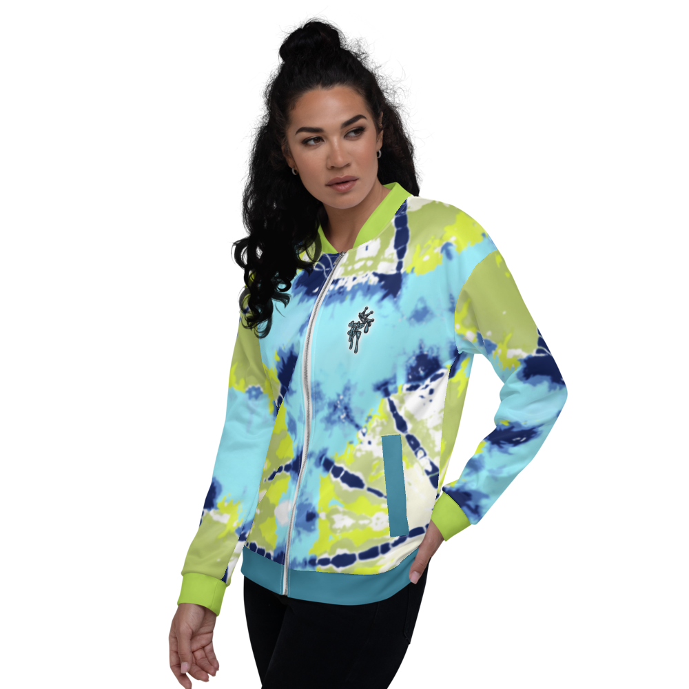 CRXWN | Drip or Dye Moss Green Ice Dye UNISEX Bomber Jacket Hearts Around the World Live Love Laugh