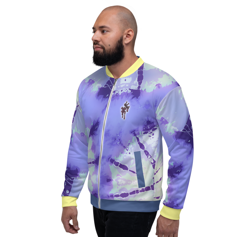 CRXWN | Drip or Dye Violet Photon Dust Ice Dye UNISEX Bomber Jacket Hearts Around the World Live Love Laugh