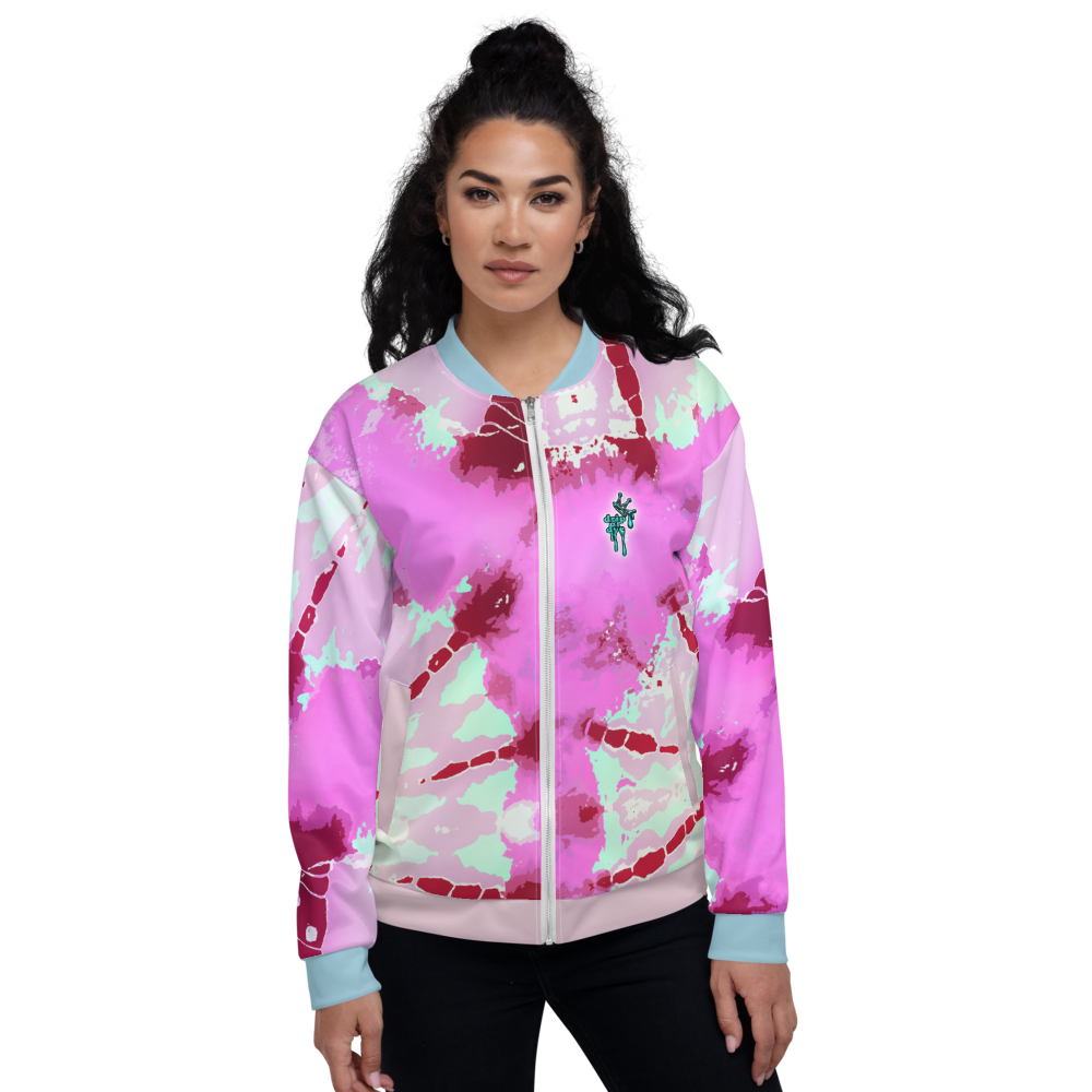 CRXWN | Drip or Dye Miami Nights Pink Foam Ice Dye UNISEX Bomber Jacket Hearts Around the World Live Love Laugh