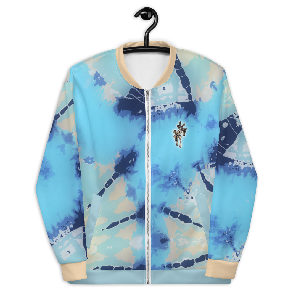 CRXWN | Drip or Dye Ice Blue Sky Linen Ice Dye UNISEX Bomber Jacket Hearts Around the World Live Love Laugh