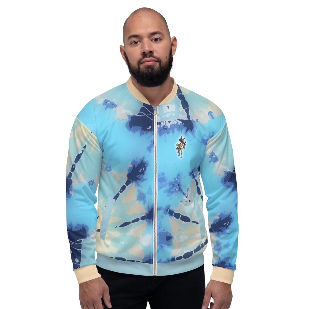 CRXWN | Drip or Dye Ice Blue Sky Linen Ice Dye UNISEX Bomber Jacket Hearts Around the World Live Love Laugh