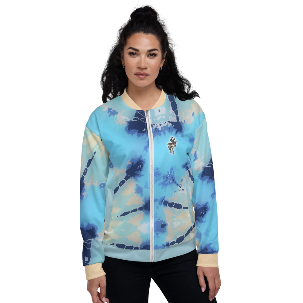 CRXWN | Drip or Dye Ice Blue Sky Linen Ice Dye UNISEX Bomber Jacket Hearts Around the World Live Love Laugh