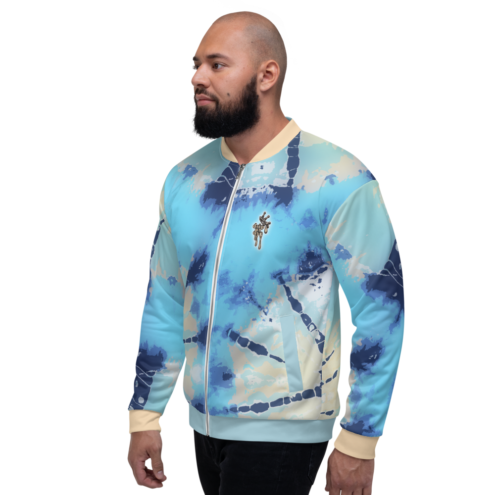 CRXWN | Drip or Dye Ice Blue Sky Linen Ice Dye UNISEX Bomber Jacket Hearts Around the World Live Love Laugh