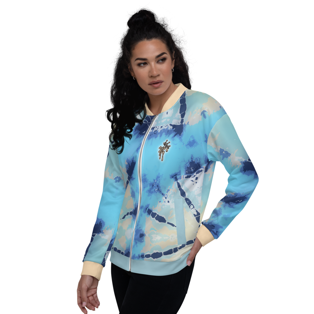 CRXWN | Drip or Dye Ice Blue Sky Linen Ice Dye UNISEX Bomber Jacket Hearts Around the World Live Love Laugh