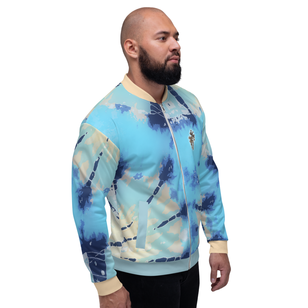CRXWN | Drip or Dye Ice Blue Sky Linen Ice Dye UNISEX Bomber Jacket Hearts Around the World Live Love Laugh