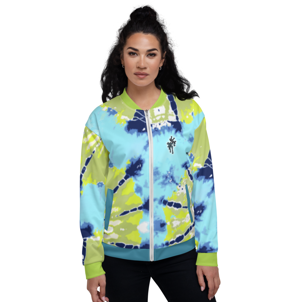 CRXWN | Drip or Dye Moss Green Ice Dye UNISEX Bomber Jacket Hearts Around the World Live Love Laugh