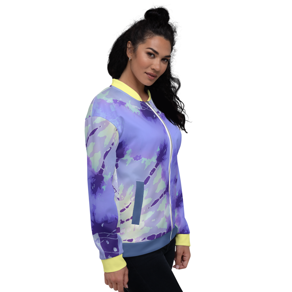 CRXWN | Drip or Dye Violet Photon Dust Ice Dye UNISEX Bomber Jacket Hearts Around the World Live Love Laugh