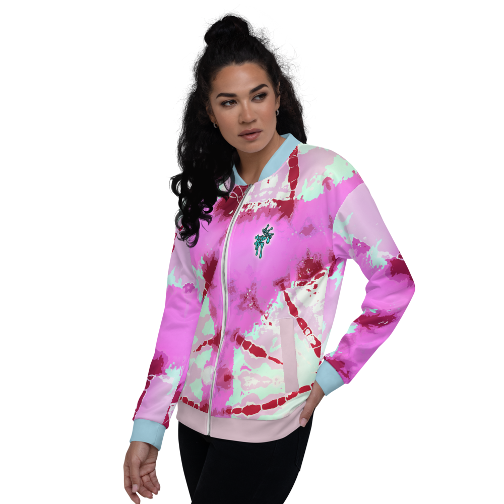 CRXWN | Drip or Dye Miami Nights Pink Foam Ice Dye UNISEX Bomber Jacket Hearts Around the World Live Love Laugh