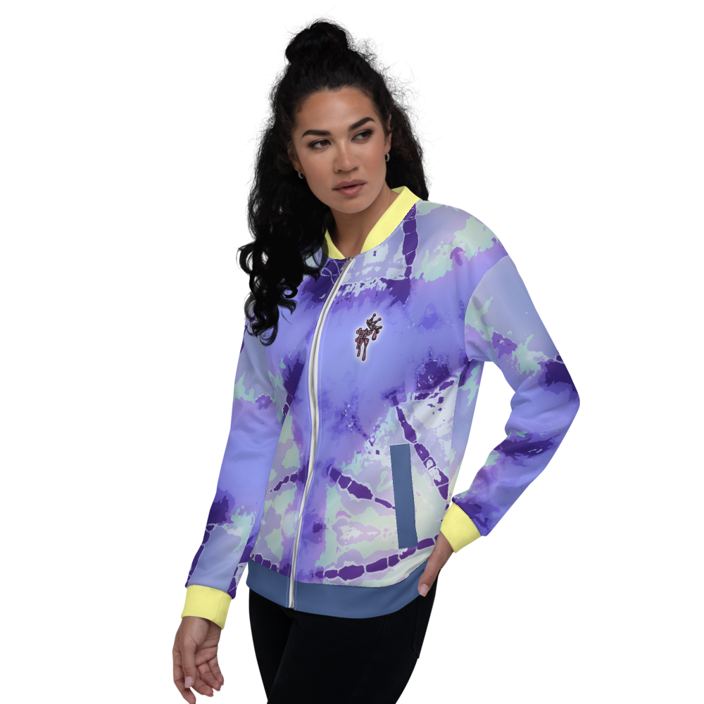 CRXWN | Drip or Dye Violet Photon Dust Ice Dye UNISEX Bomber Jacket Hearts Around the World Live Love Laugh