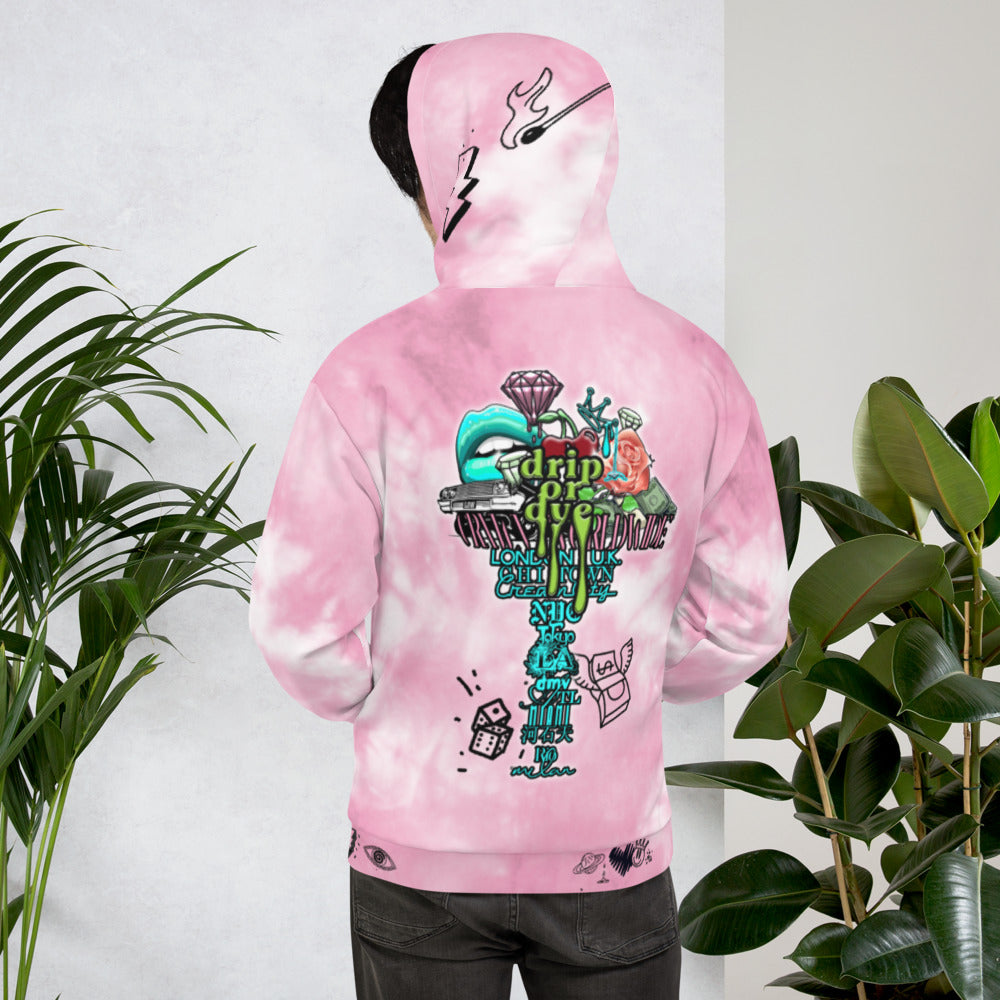 CRXWN | Drip or Dye Miami Nights Pink Foam Ice Dye UNISEX Hoodie Hearts Around the World Live Love Laugh