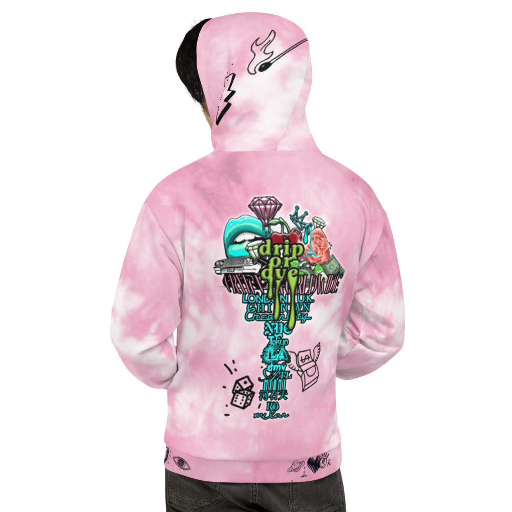 CRXWN | Drip or Dye Miami Nights Pink Foam Ice Dye UNISEX Hoodie Hearts Around the World Live Love Laugh