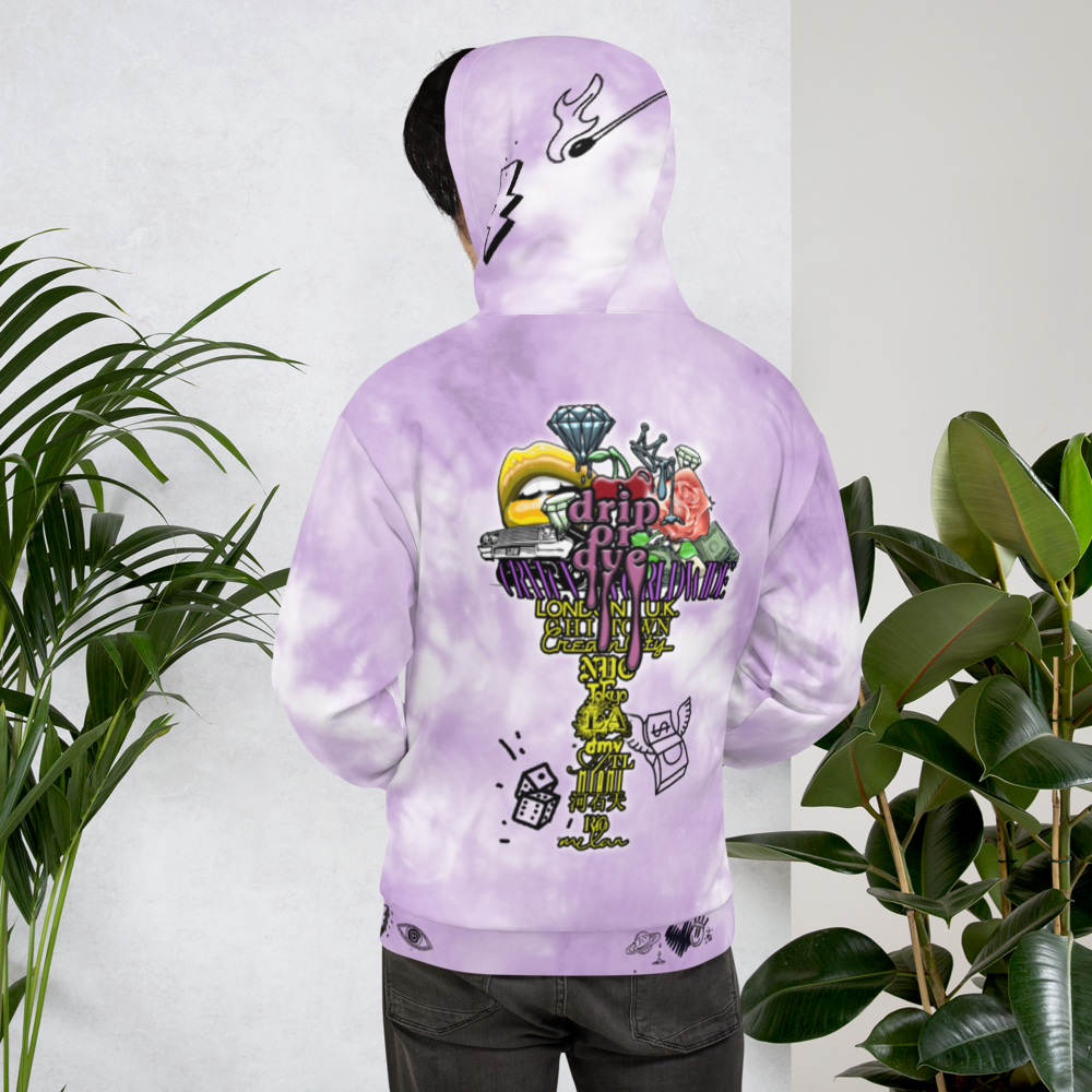 CRXWN | Drip or Dye Violet Photon Dust Ice Dye UNISEX HOODIE Hearts Around the World Live Love Laugh