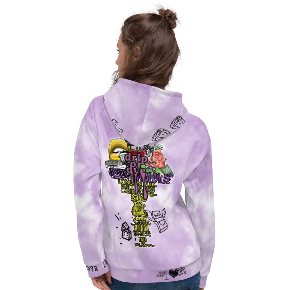 CRXWN | Drip or Dye Violet Photon Dust Ice Dye UNISEX HOODIE Hearts Around the World Live Love Laugh