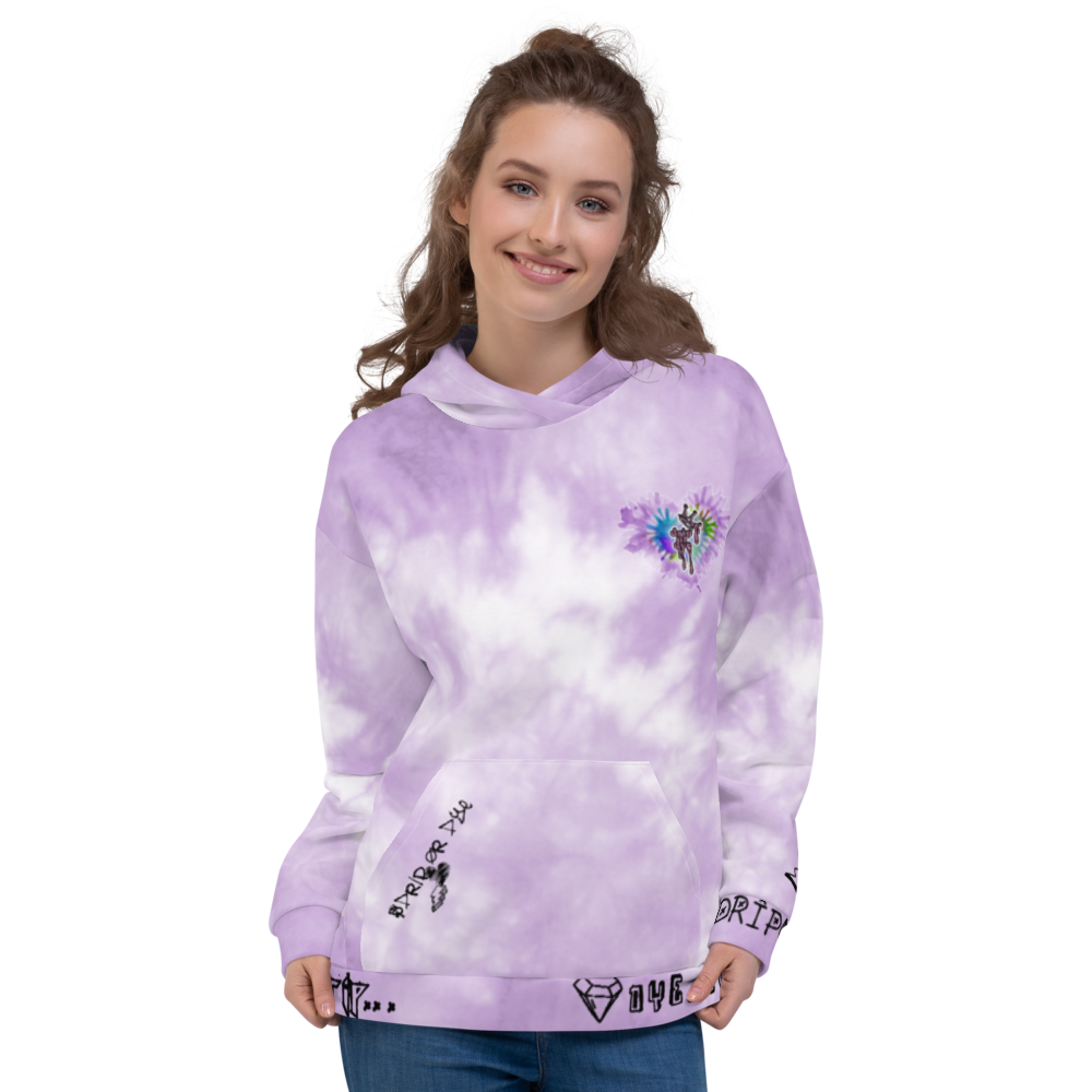 CRXWN | Drip or Dye Violet Photon Dust Ice Dye UNISEX HOODIE Hearts Around the World Live Love Laugh