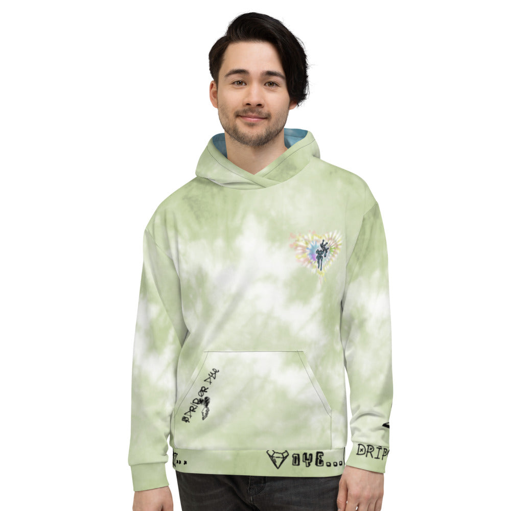 CRXWN | Drip or Dye Moss Green Ice Dye UNISEX HOODIE Hearts Around the World Live Love Laugh
