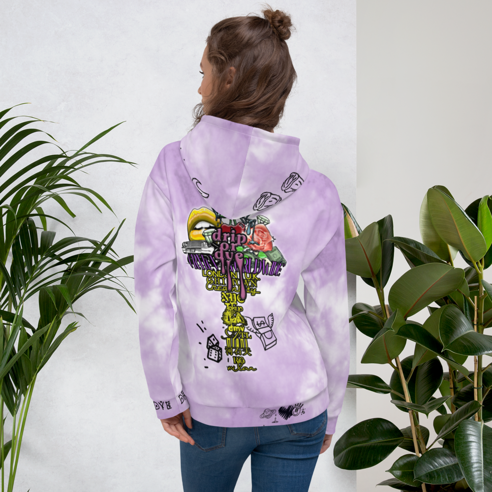 CRXWN | Drip or Dye Violet Photon Dust Ice Dye UNISEX HOODIE Hearts Around the World Live Love Laugh