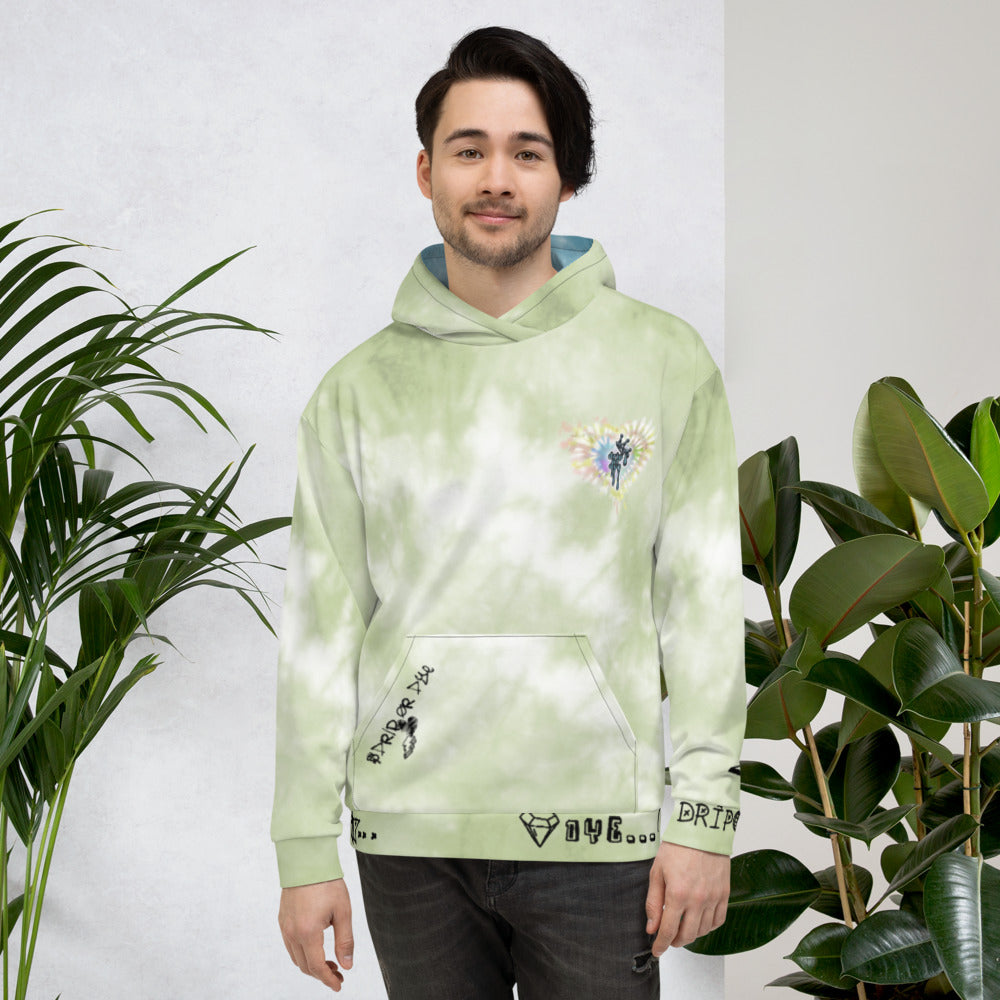CRXWN | Drip or Dye Moss Green Ice Dye UNISEX HOODIE Hearts Around the World Live Love Laugh