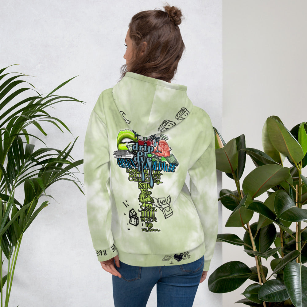 CRXWN | Drip or Dye Moss Green Ice Dye UNISEX HOODIE Hearts Around the World Live Love Laugh