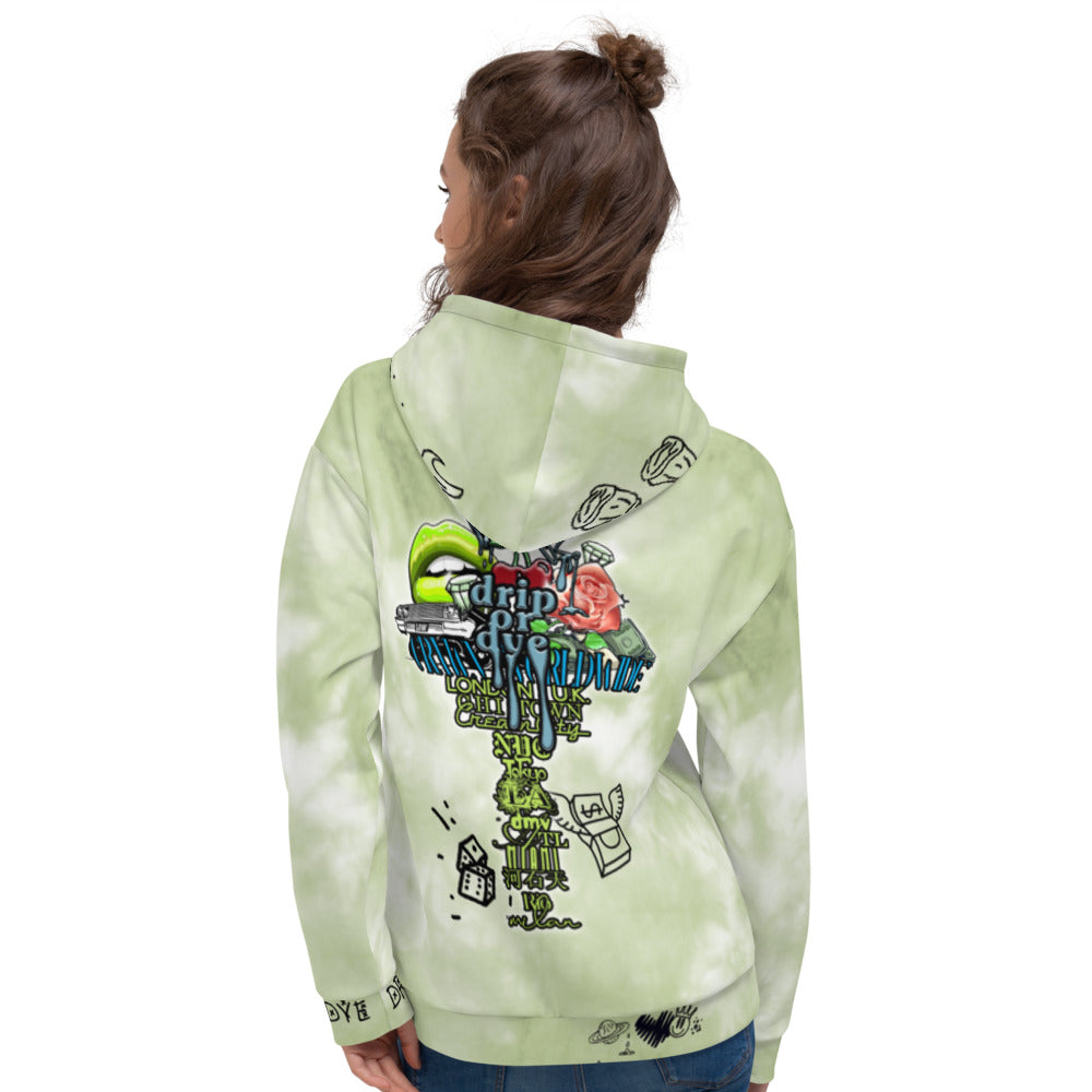 CRXWN | Drip or Dye Moss Green Ice Dye UNISEX HOODIE Hearts Around the World Live Love Laugh