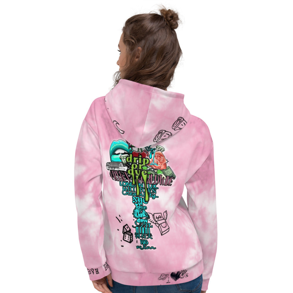 CRXWN | Drip or Dye Miami Nights Pink Foam Ice Dye UNISEX Hoodie Hearts Around the World Live Love Laugh
