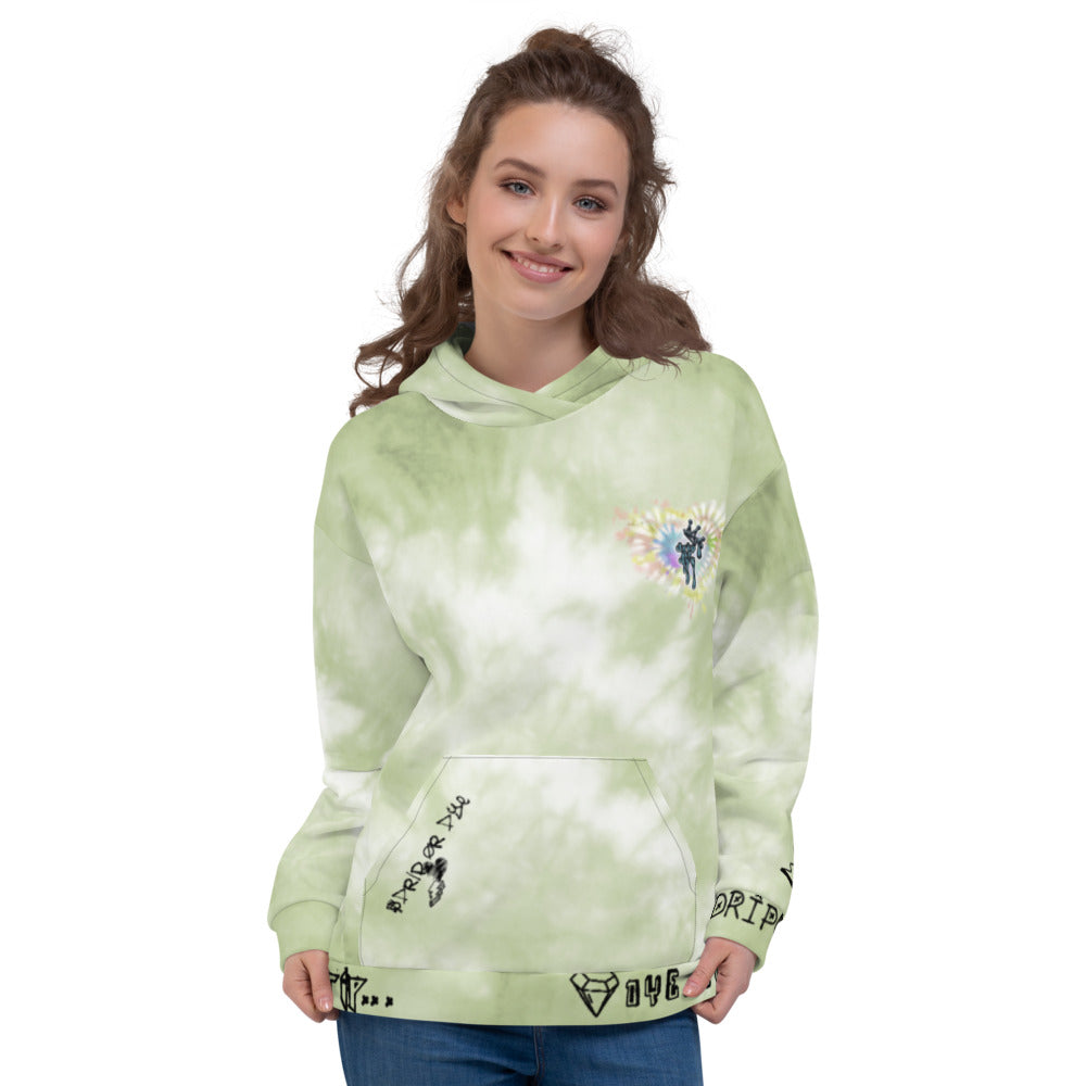 CRXWN | Drip or Dye Moss Green Ice Dye UNISEX HOODIE Hearts Around the World Live Love Laugh