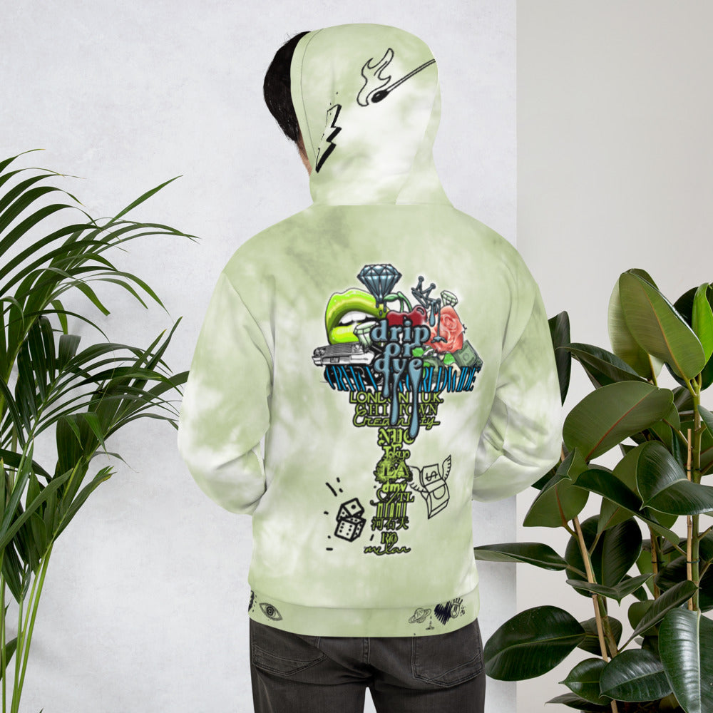 CRXWN | Drip or Dye Moss Green Ice Dye UNISEX HOODIE Hearts Around the World Live Love Laugh