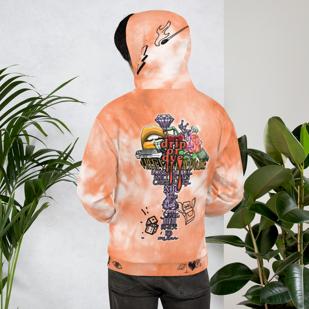 CRXWN | Drip or Dye Daybreak Vegas Gold College Orange Ice Dye UNISEX Hoodie Hearts Around the World Live Love Laugh