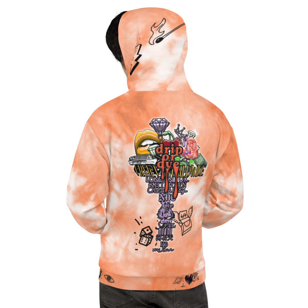 CRXWN | Drip or Dye Daybreak Vegas Gold College Orange Ice Dye UNISEX Hoodie Hearts Around the World Live Love Laugh