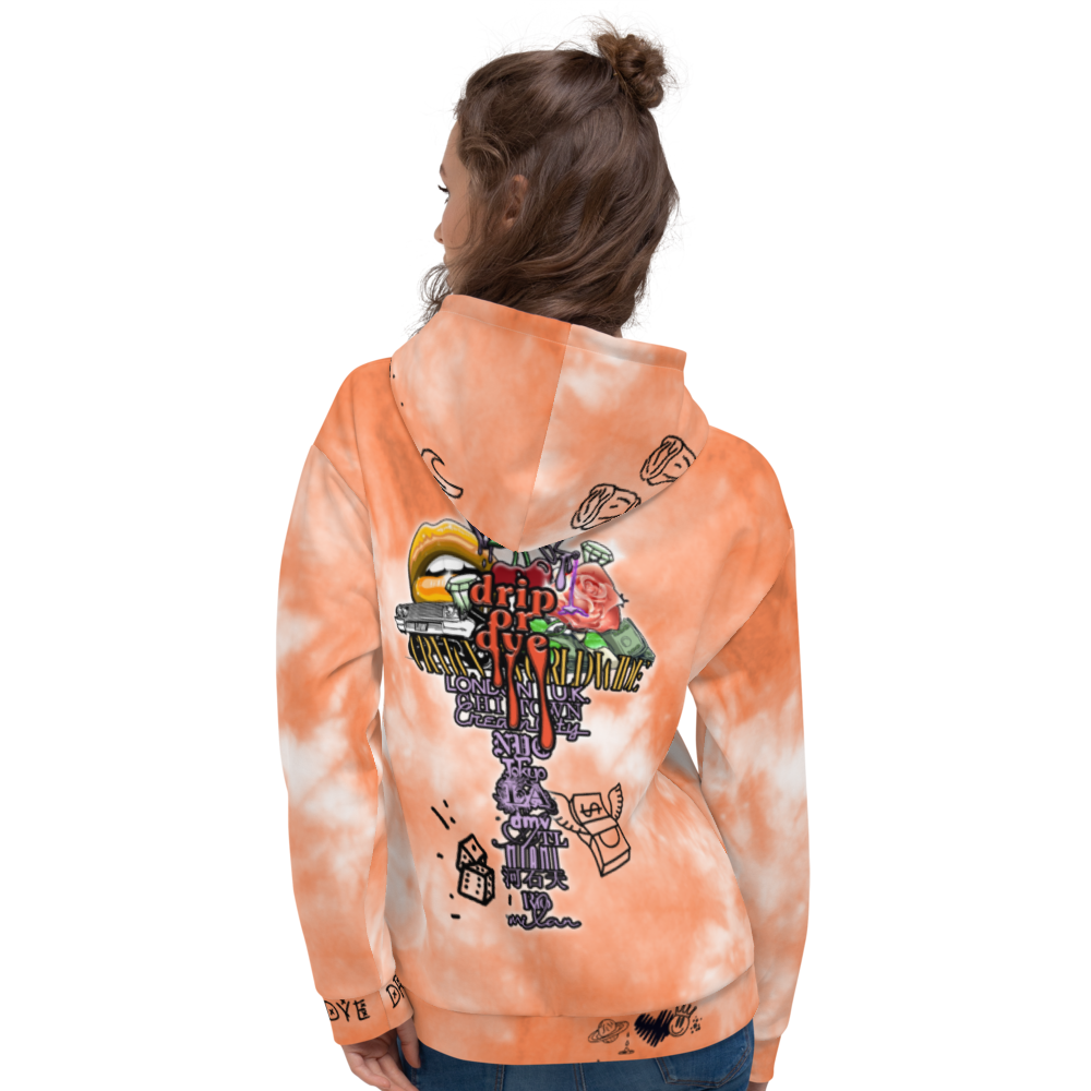 CRXWN | Drip or Dye Daybreak Vegas Gold College Orange Ice Dye UNISEX Hoodie Hearts Around the World Live Love Laugh