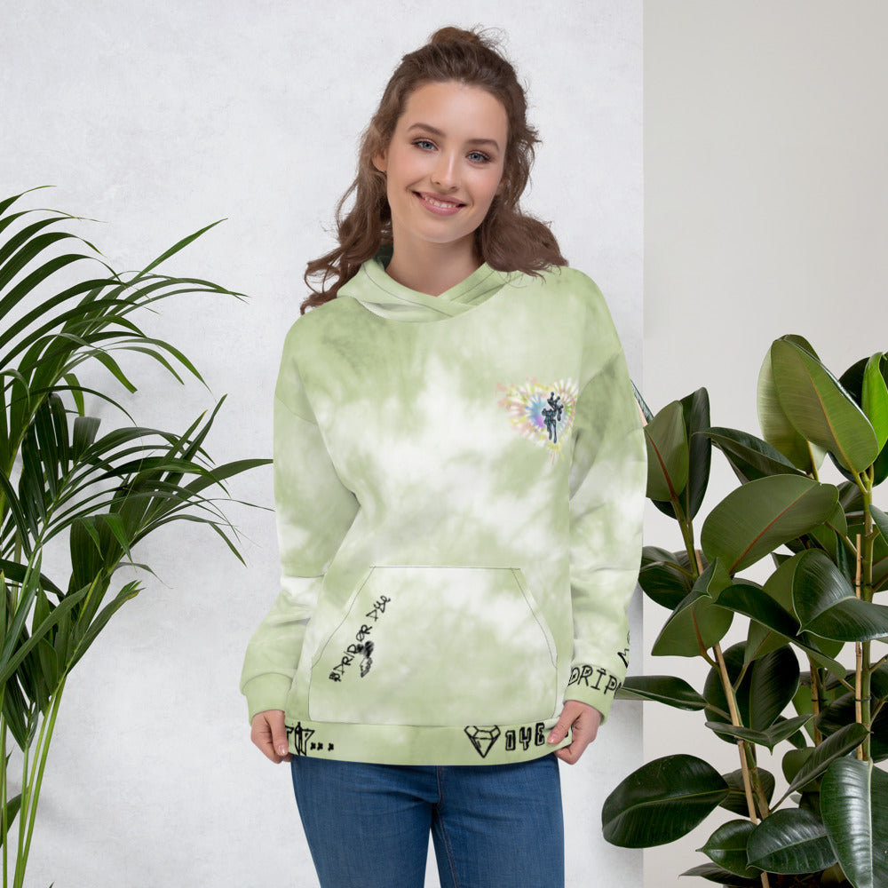 CRXWN | Drip or Dye Moss Green Ice Dye UNISEX HOODIE Hearts Around the World Live Love Laugh