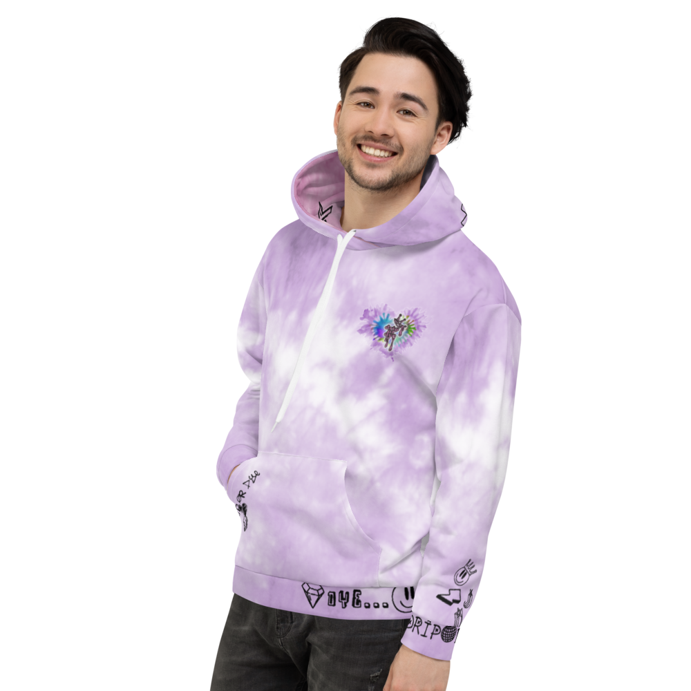 CRXWN | Drip or Dye Violet Photon Dust Ice Dye UNISEX HOODIE Hearts Around the World Live Love Laugh