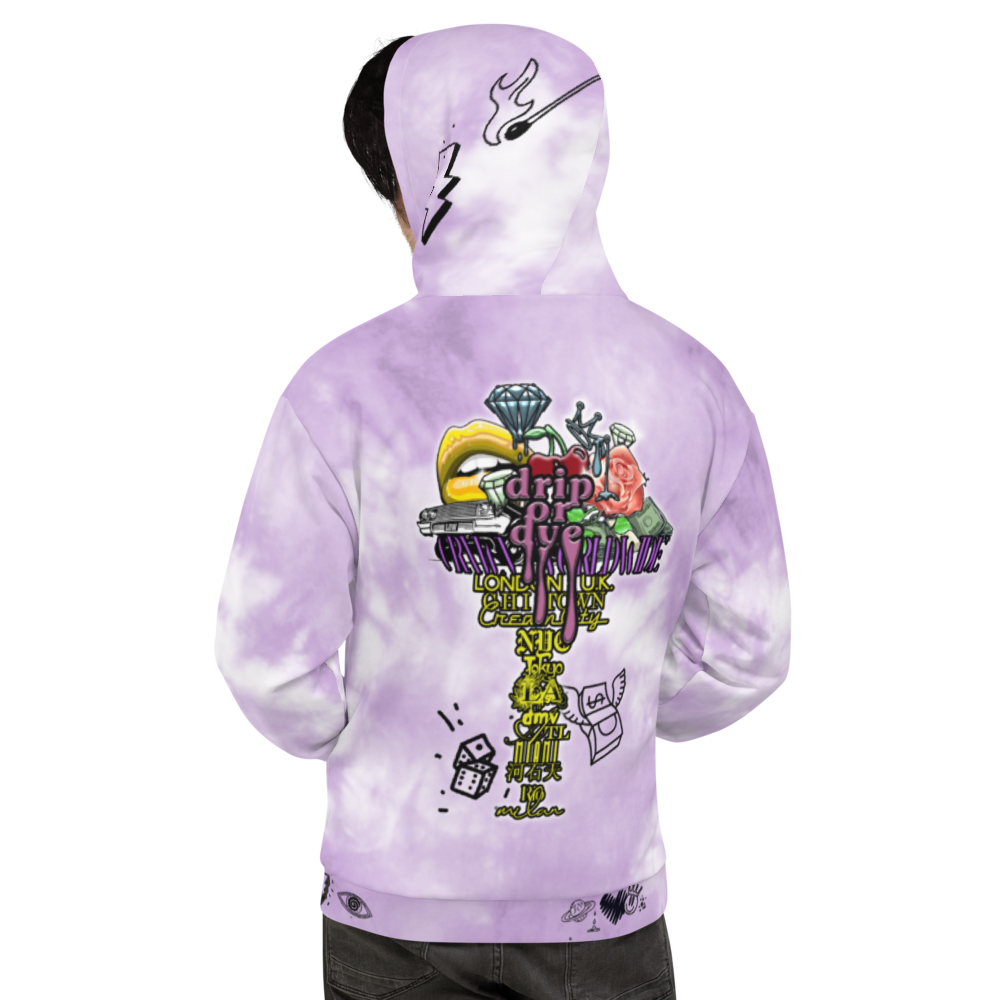 CRXWN | Drip or Dye Violet Photon Dust Ice Dye UNISEX HOODIE Hearts Around the World Live Love Laugh