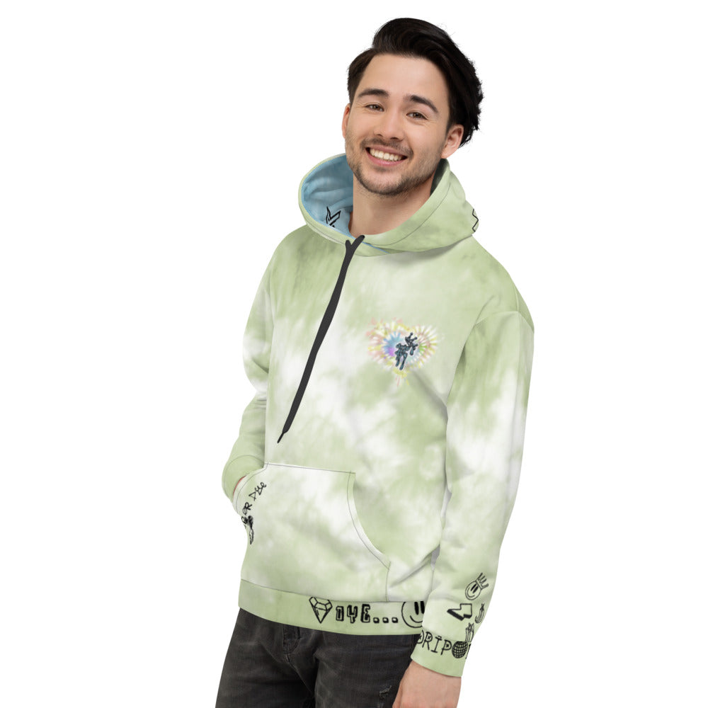 CRXWN | Drip or Dye Moss Green Ice Dye UNISEX HOODIE Hearts Around the World Live Love Laugh