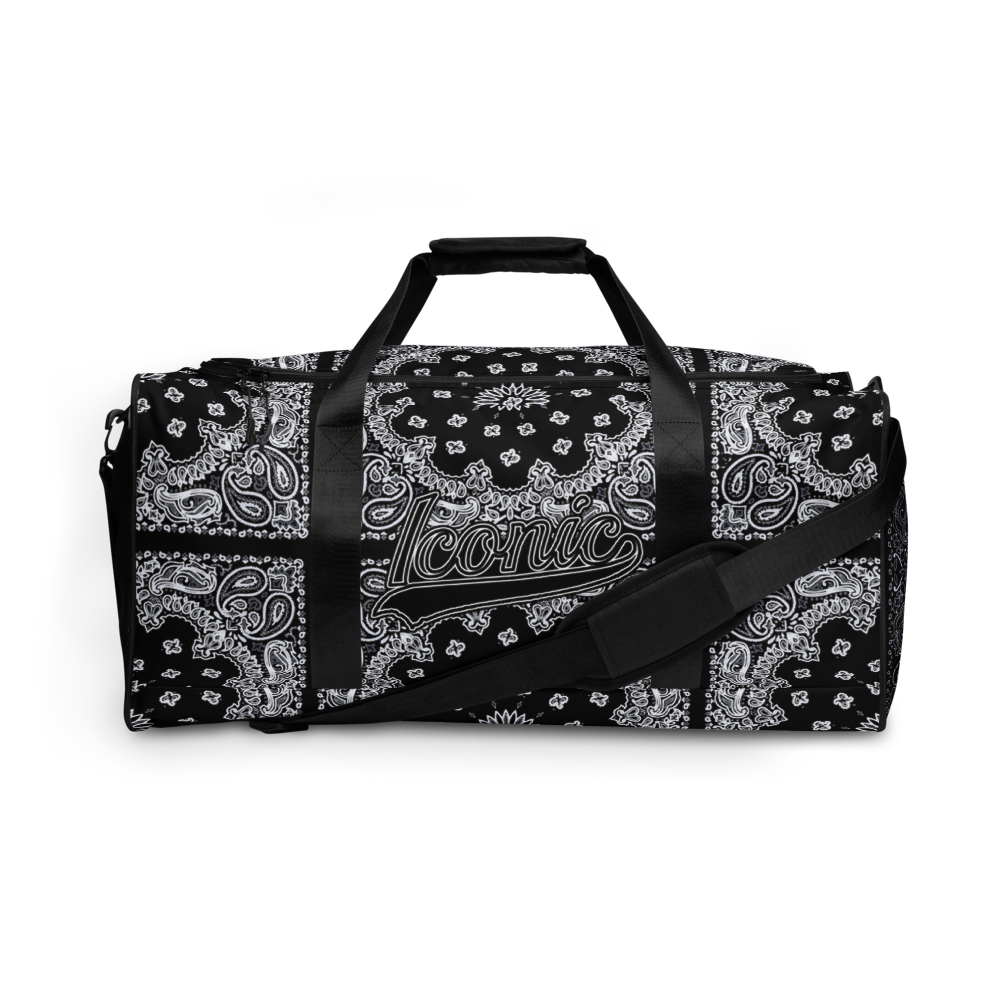 ROYAL ICONIC | Bandana Flag Duffle Bag Color Block Carousel Dope Azz DUFFEL Bag HueMan Gang Workout Gym Bag Solid Black and Logo