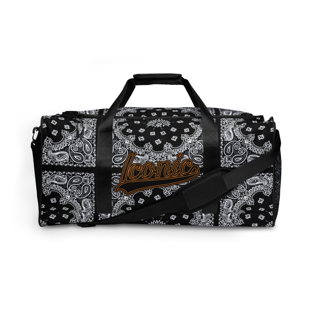 ROYAL ICONIC | Bandana Flag Duffle Bag Color Block Carousel Dope Azz DUFFEL Bag HueMan Gang Workout Gym Bag Solid Black and Logo