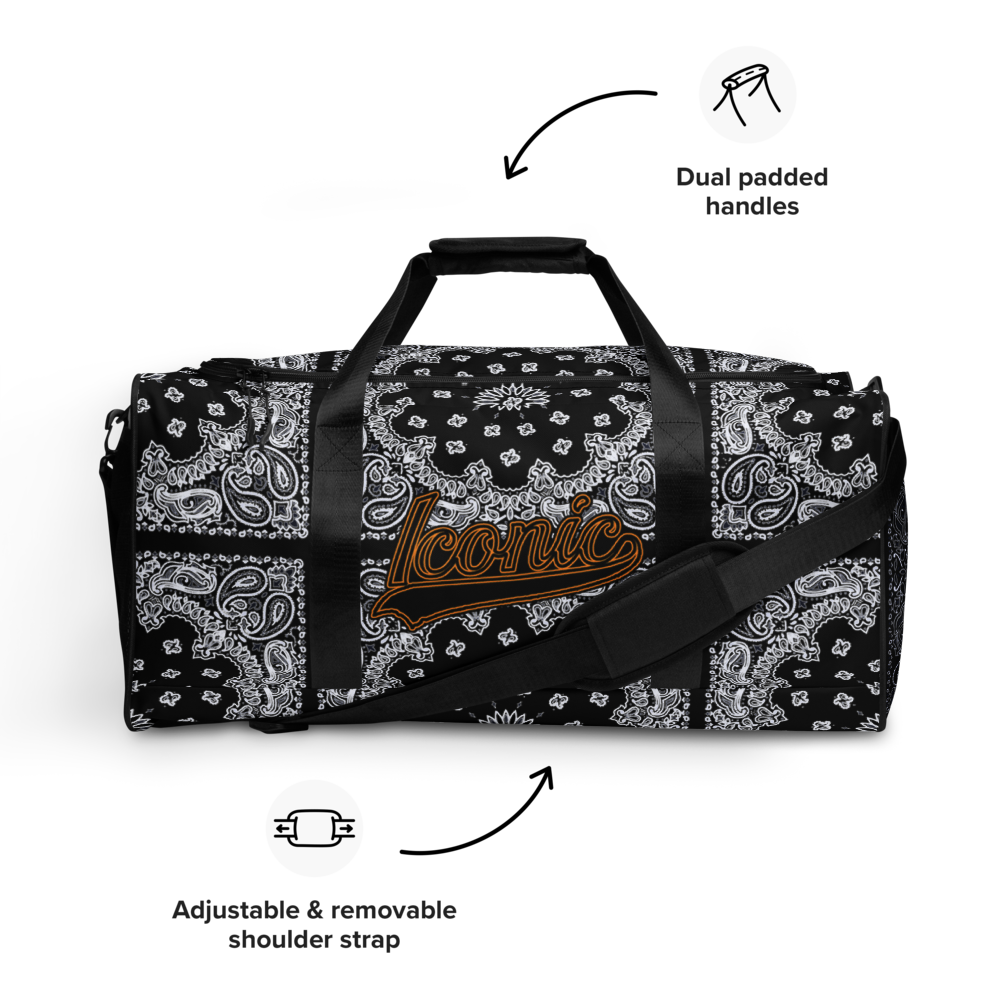 ROYAL ICONIC | Bandana Flag Duffle Bag Color Block Carousel Dope Azz DUFFEL Bag HueMan Gang Workout Gym Bag Solid Black and Logo