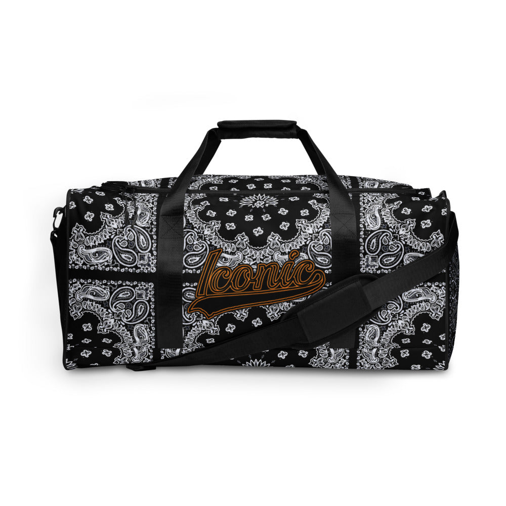 ROYAL ICONIC | Bandana Flag Duffle Bag Color Block Carousel Dope Azz DUFFEL Bag HueMan Gang Workout Gym Bag Solid Black and Logo